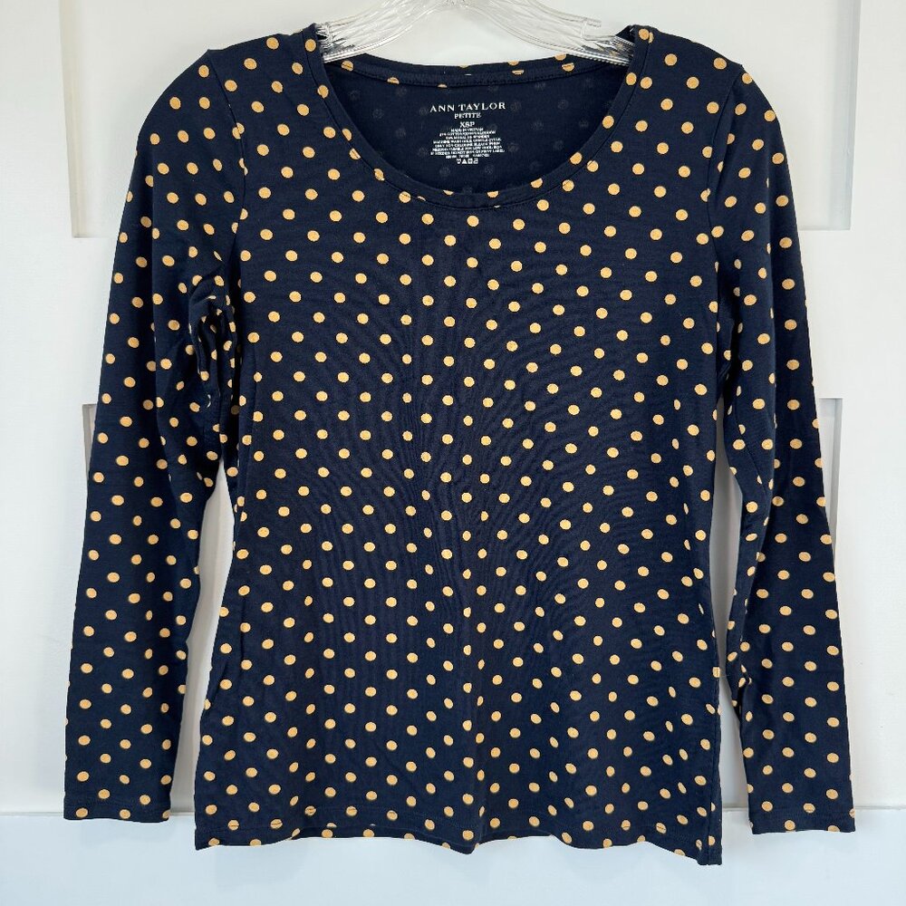 Ann Taylor Petite XS Long Sleeve Polka Dot Navy Shirt